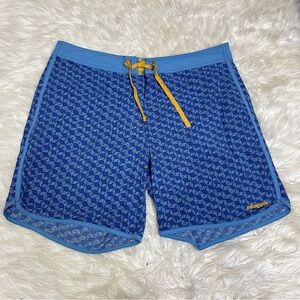 Patagonia Mens Board Shorts Size 38 Blue Yellow Wave Surf Pull On Hiking Beach